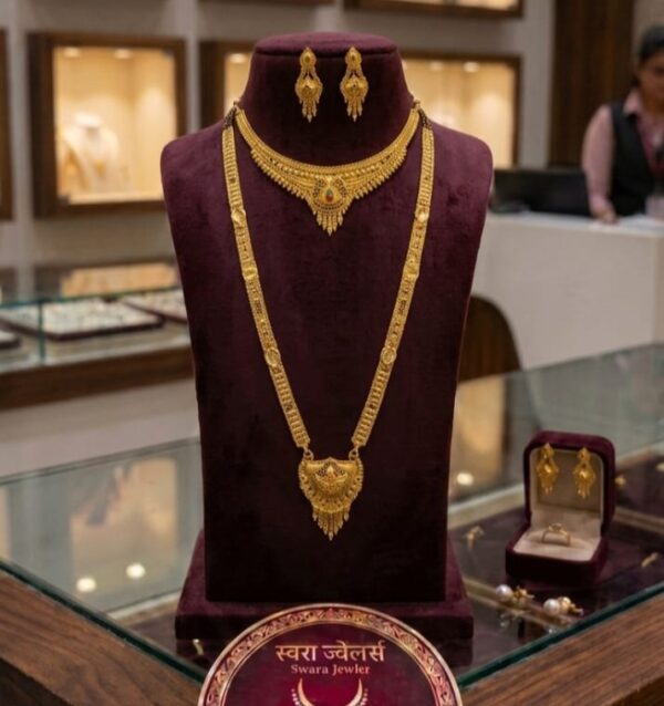 Premium Gold Finish Long Haram Combo Set with Short Necklace & Earrings
